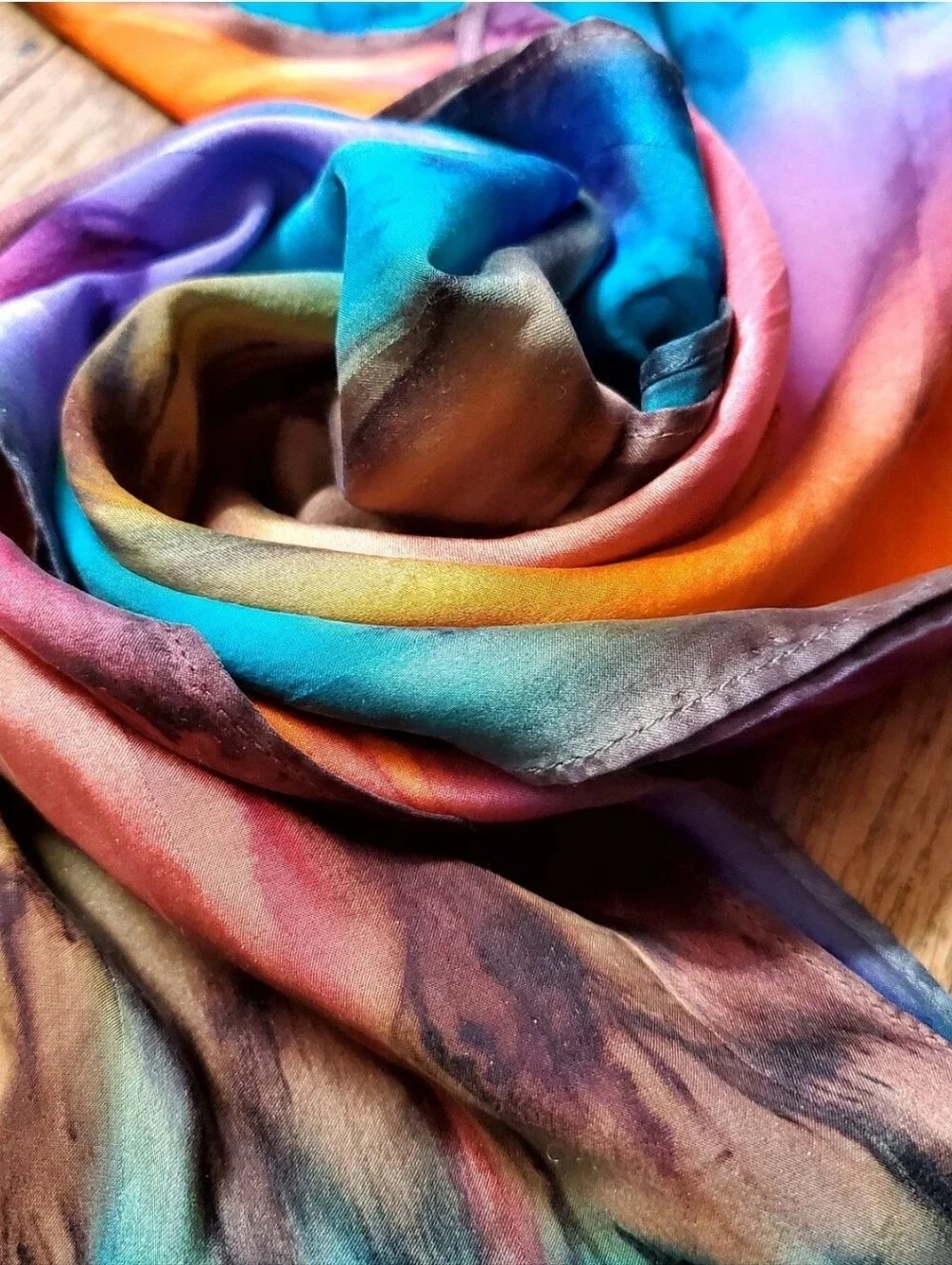 Vintage 100% Silk Scarf Oblong Vibrant Watercolor Rainbow Tie Dye Wrap Shawl